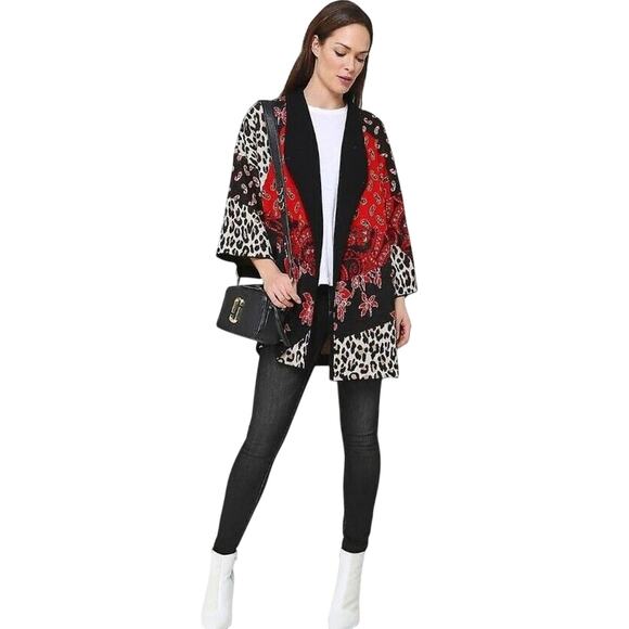 Alice + Olivia Cardigan Hester S RED BLACK Paisley Cheetah Patchwork Oversized - Picture 8 of 16
